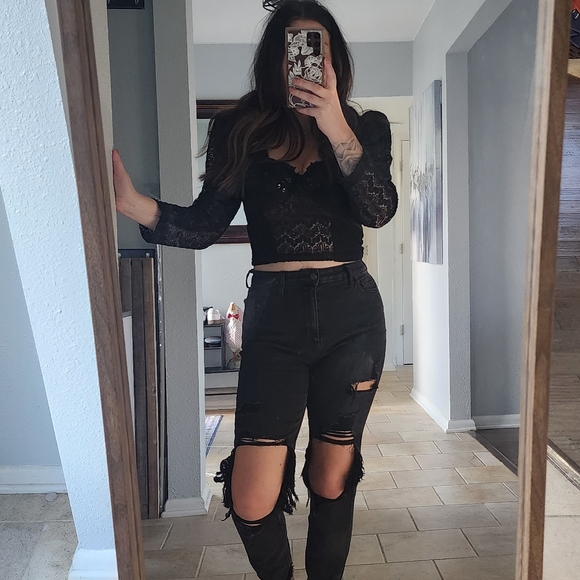 Vintage Black Lace Crop Top with 3/4 Lace Sleeves | Large | Whimsigoth - Picture 11 of 11